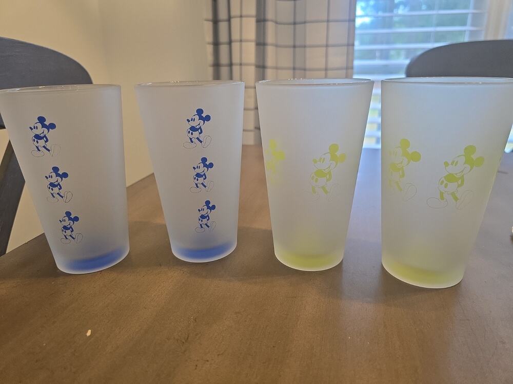 Set Of 4 Walt Disney World Frosted Heavy Pint Glass Blue/Green Mickey Mouse EUC